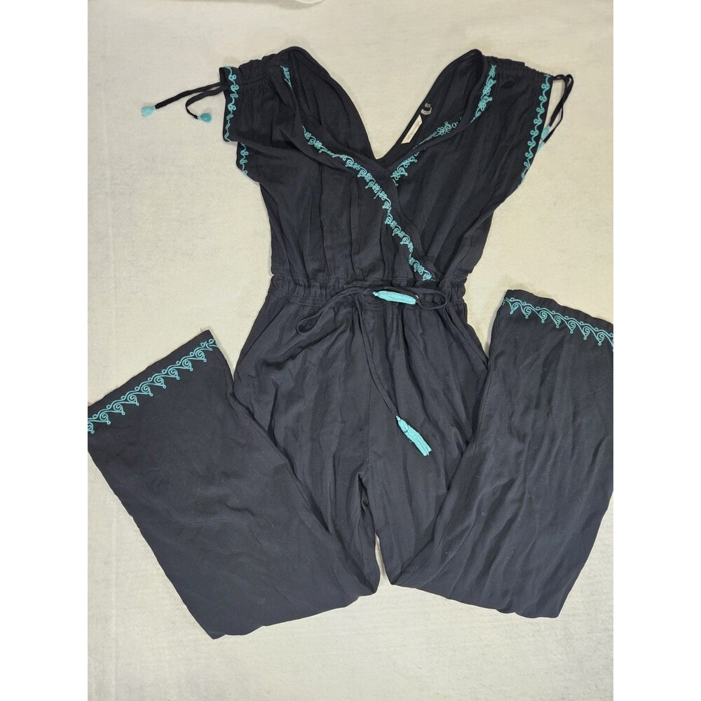 Soft Surroundings Jumpsuit Women's Medium Black Boho Crochet Knit Trim V-neck